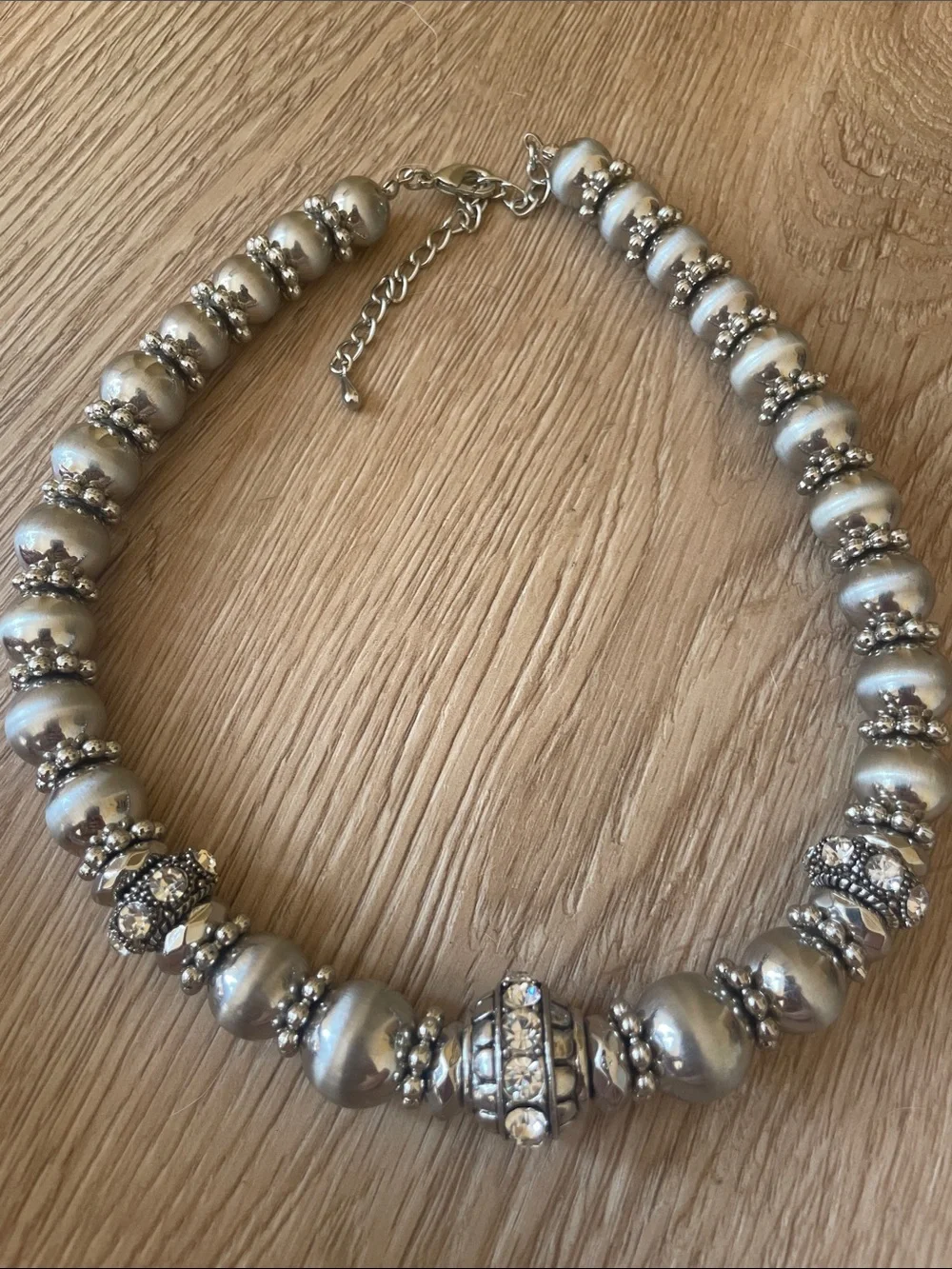 Rhinestone-Accented Silver Bead Necklace and Bracelet Set